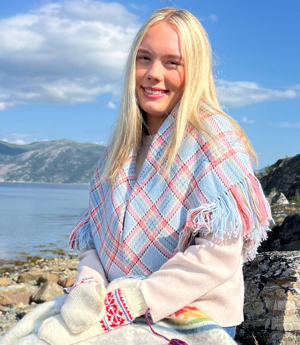 Ullsjal/ulloliidni i lyseblå og rosa