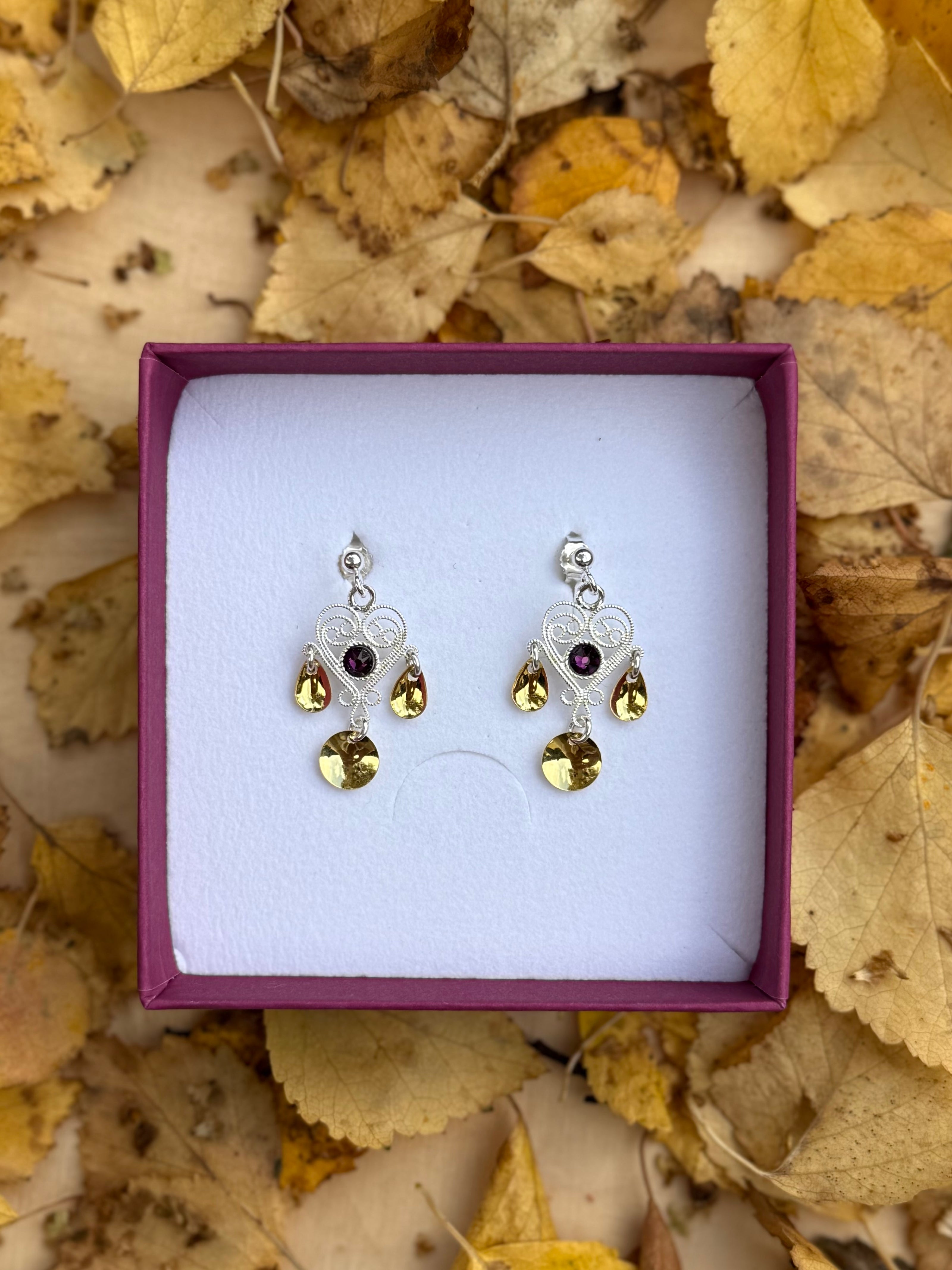 Ørepynt hjerte med lilla krystall