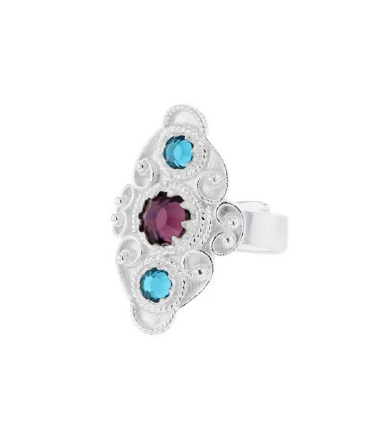 Ring med turkis og lilla krystall