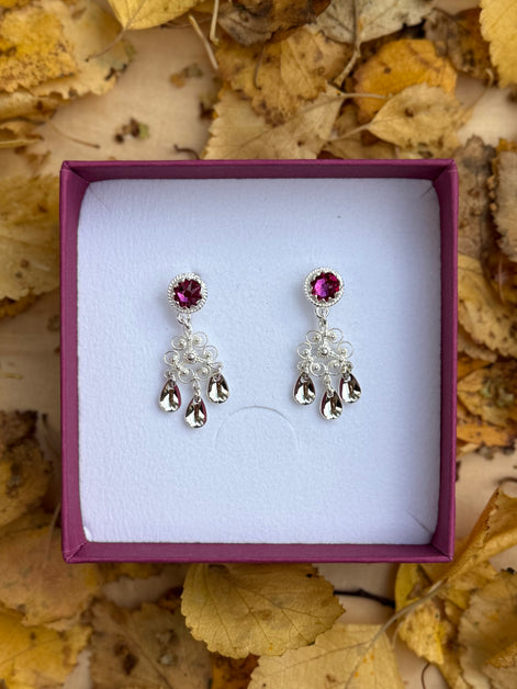 Ørepynt med mørkerosa krystall