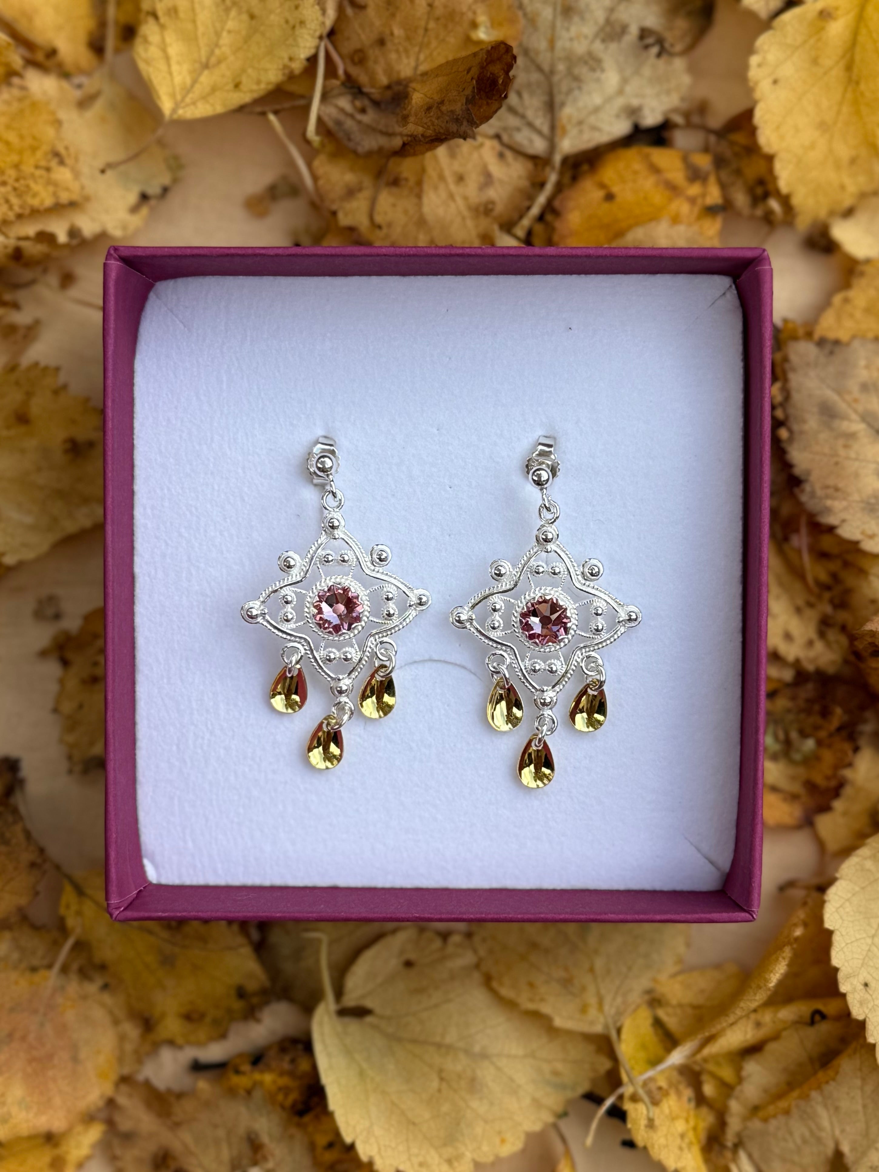 Ørepynt med lyserosa krystall