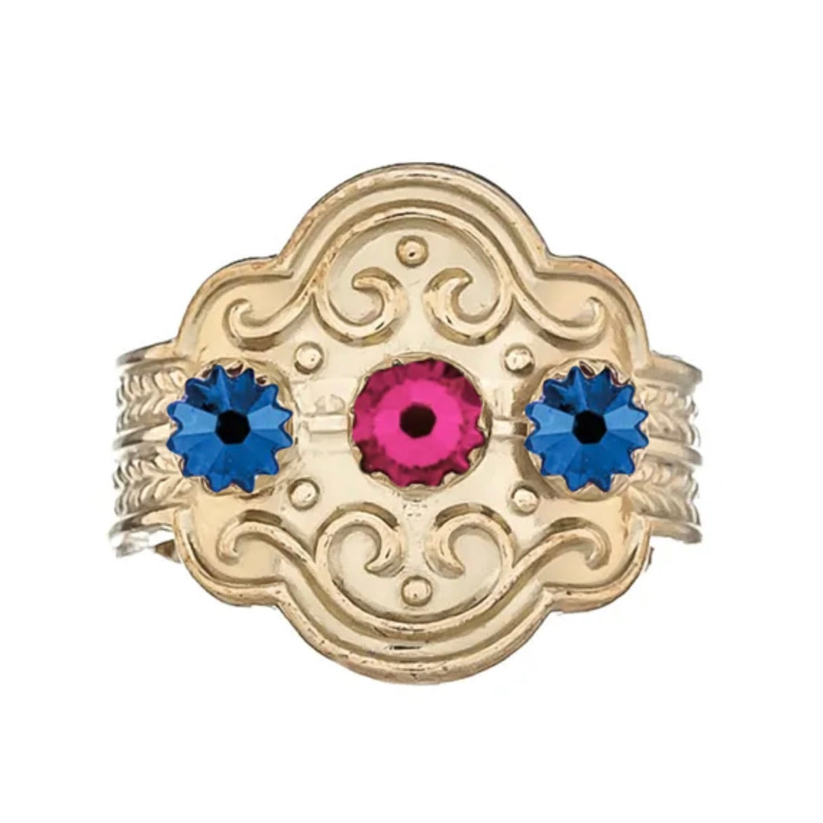 Ring med blå og mørkerosa