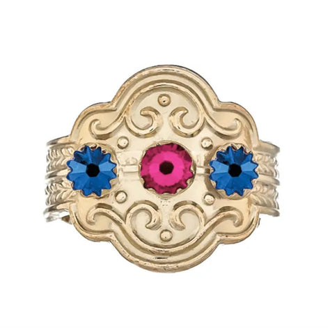 Ring med blå og mørkerosa