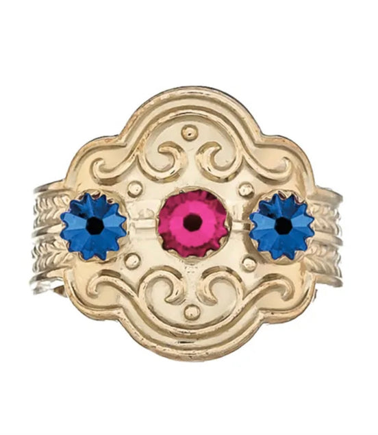 Ring med blå og mørkerosa