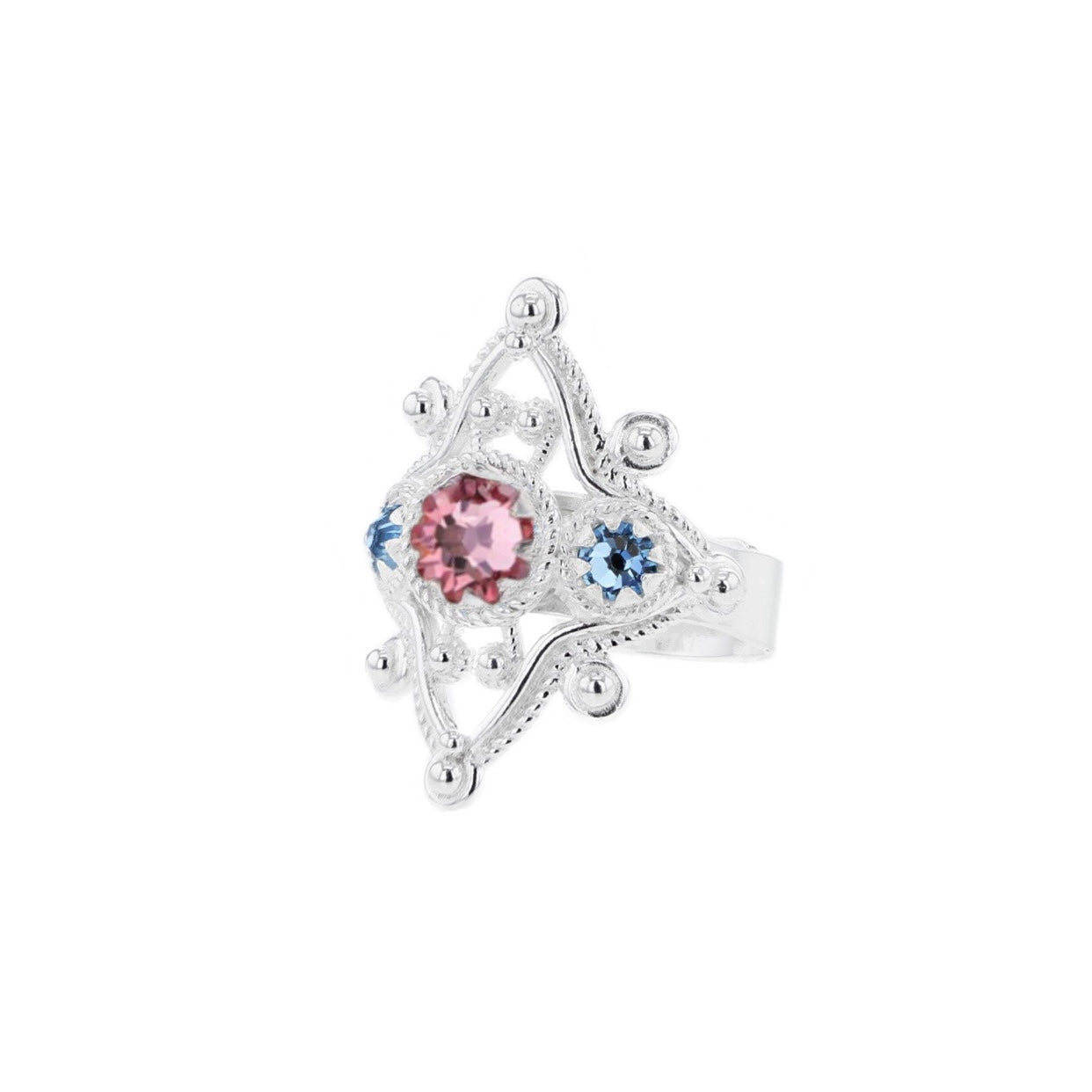 Ring med lyseblå og lyserosa krystaller