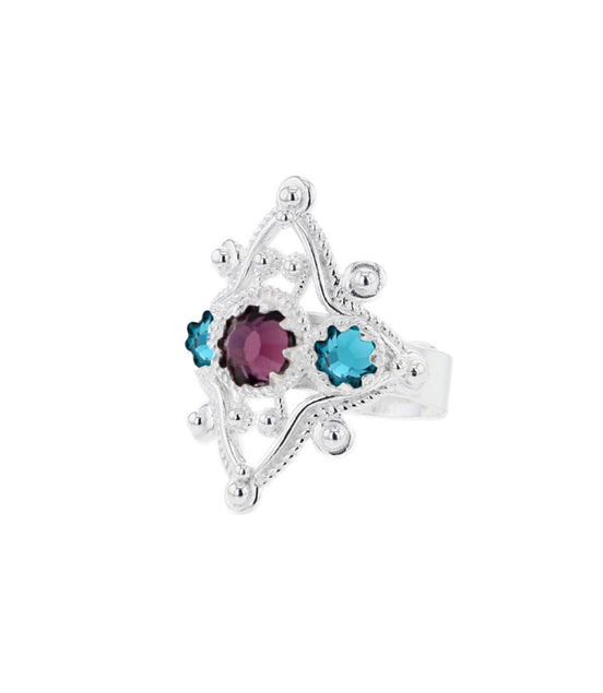 Ring med turkis og lilla krystaller