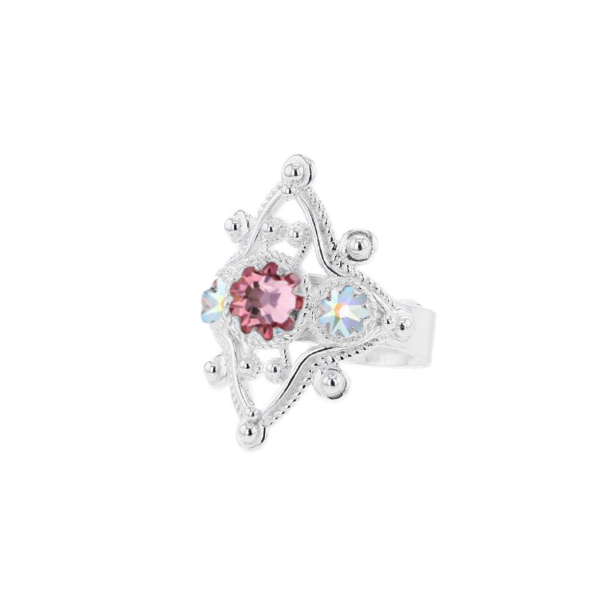 Ring med nordlys og lyserosa krystall