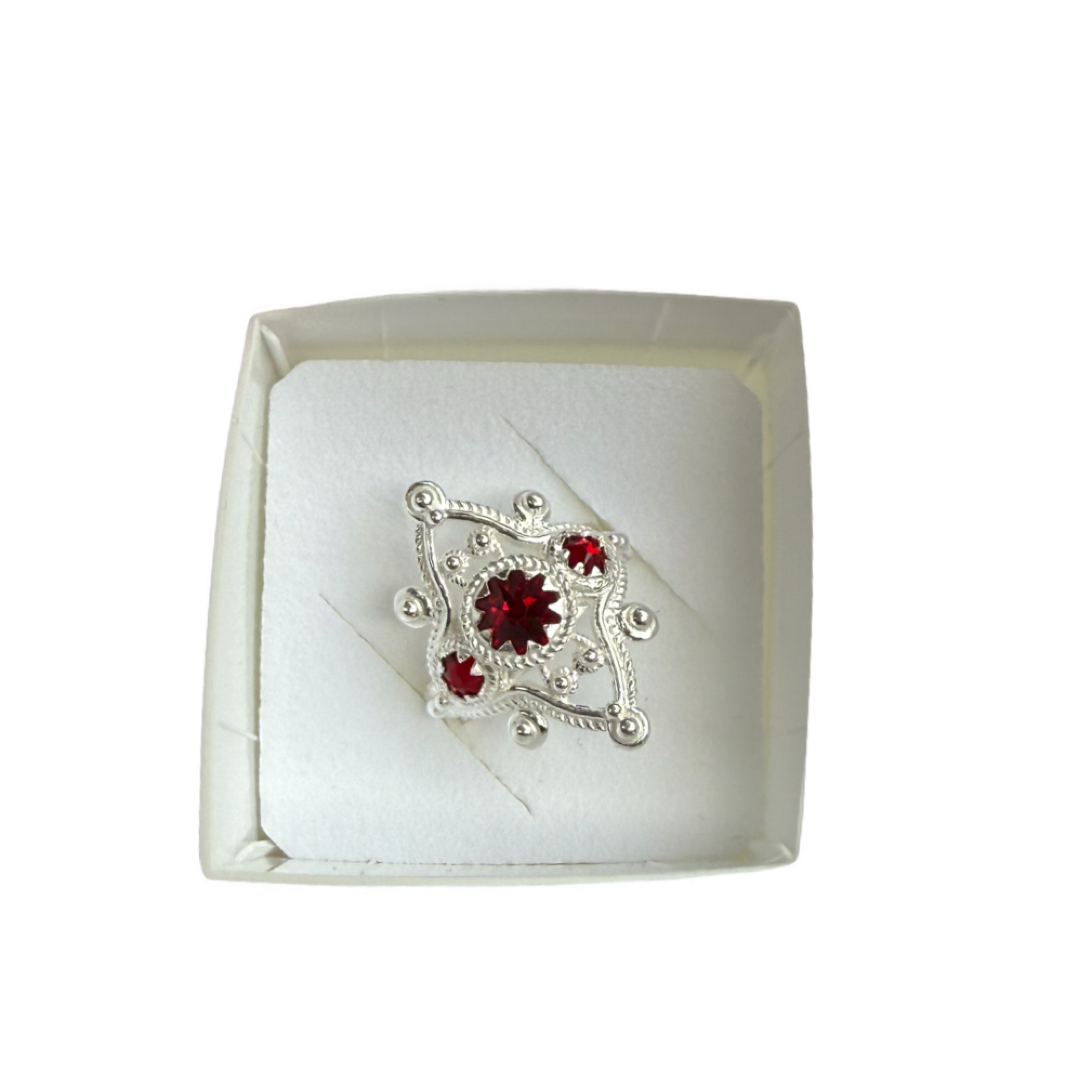 Ring med rød krystall