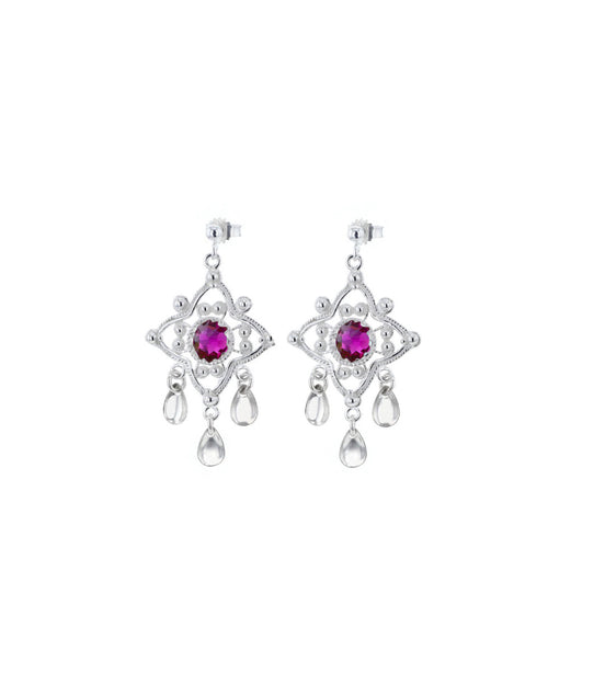 Ørepynt med mørkerosa krystall