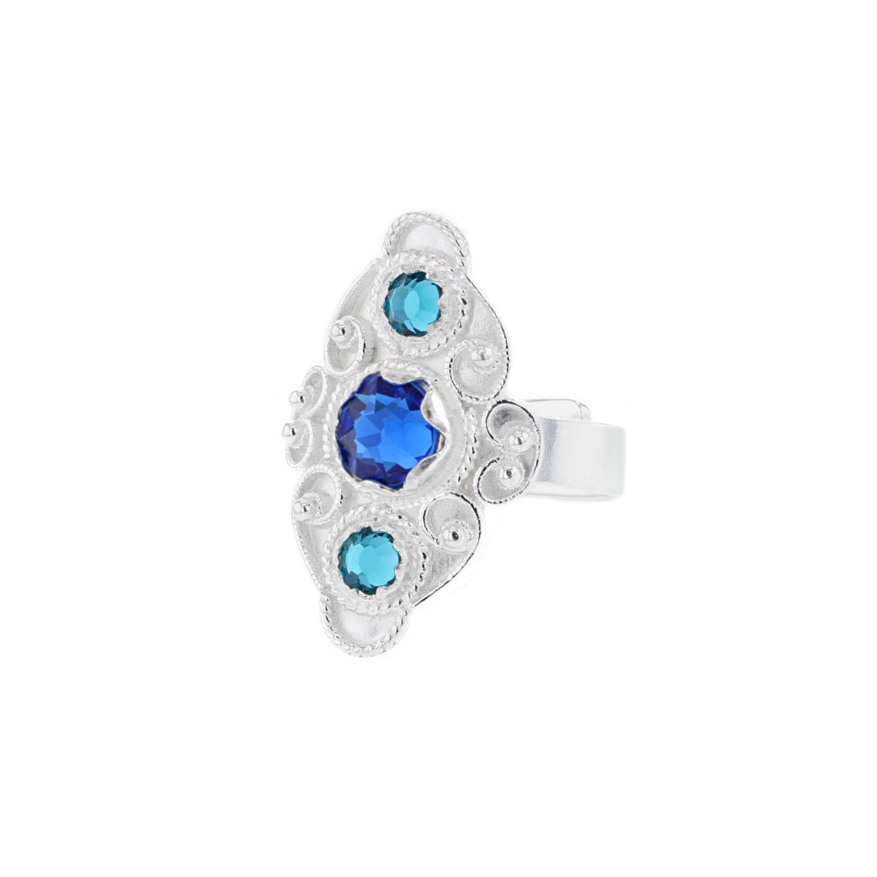 Ring med turkis og mørkeblå krystall