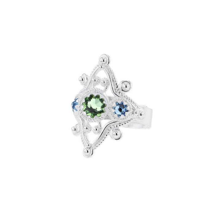 Ring med lyseblå og grønn krystall