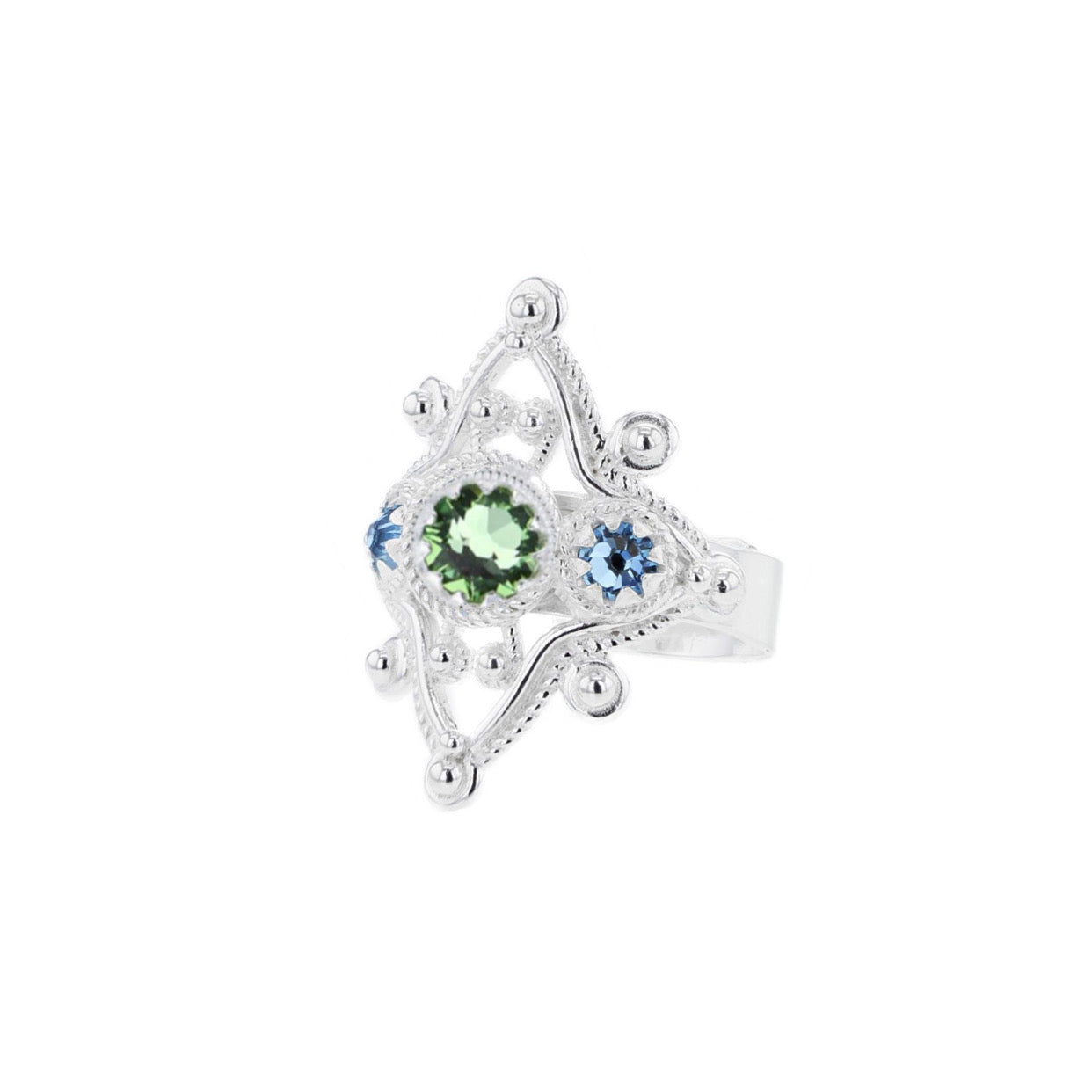 Ring med lyseblå og grønn krystall