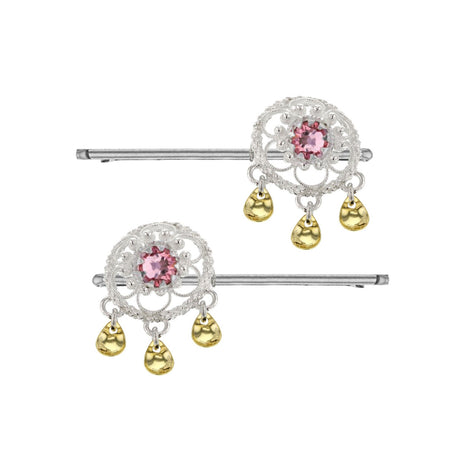 Hårpynt i Sølv med lyserosa Krystall og Gull Løv - utsolgt