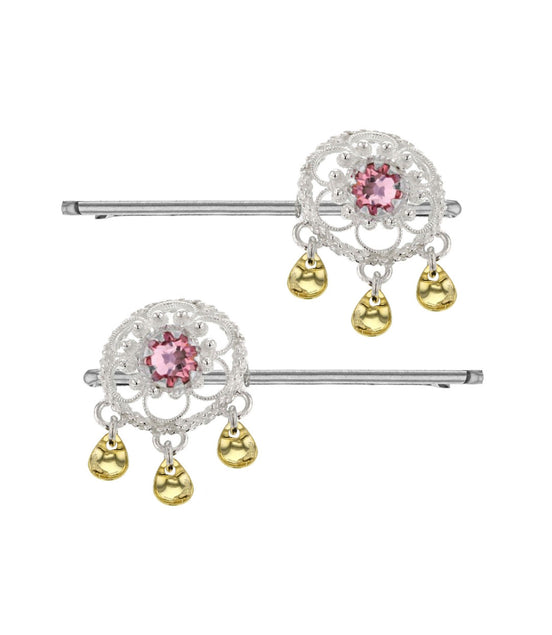 Hårpynt i Sølv med lyserosa Krystall og Gull Løv - utsolgt