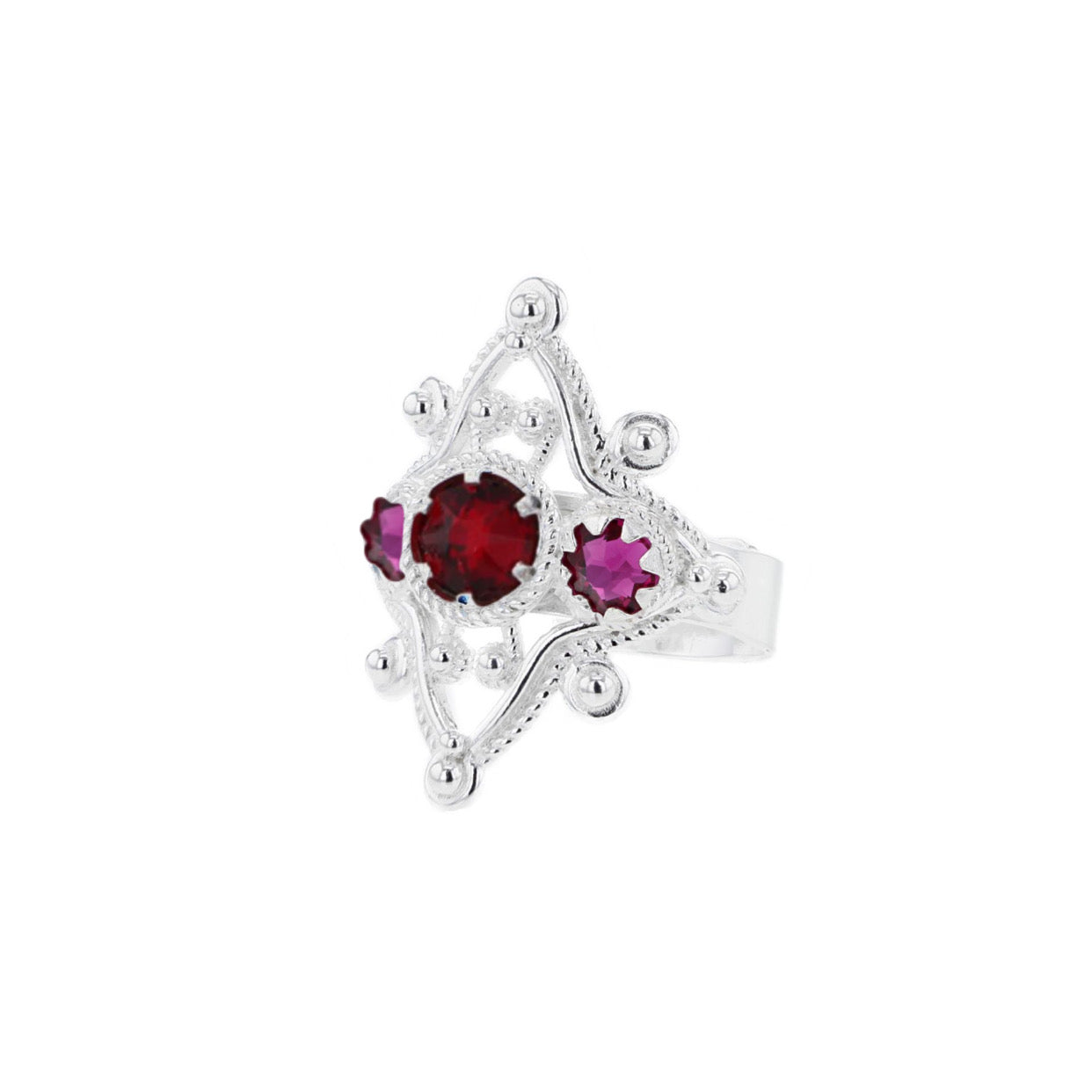 Ring med mørkerosa og rød krystall